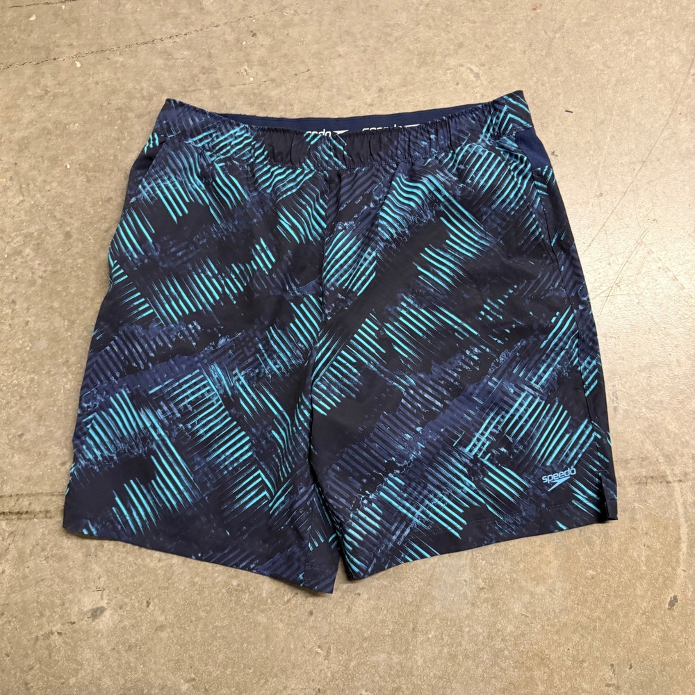 Speedo Mens Navy Teal Geometric Abstract Print Swim Trunks Board Shorts‎ Large